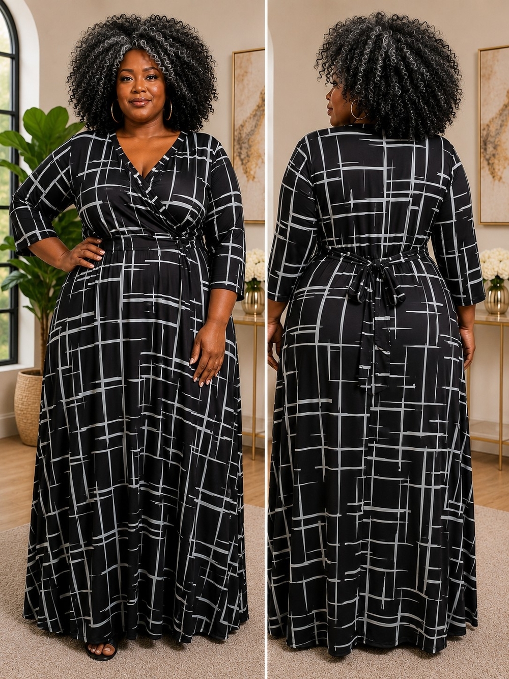 Wrap-Style Plus-Size Maxi Dress in Black and White